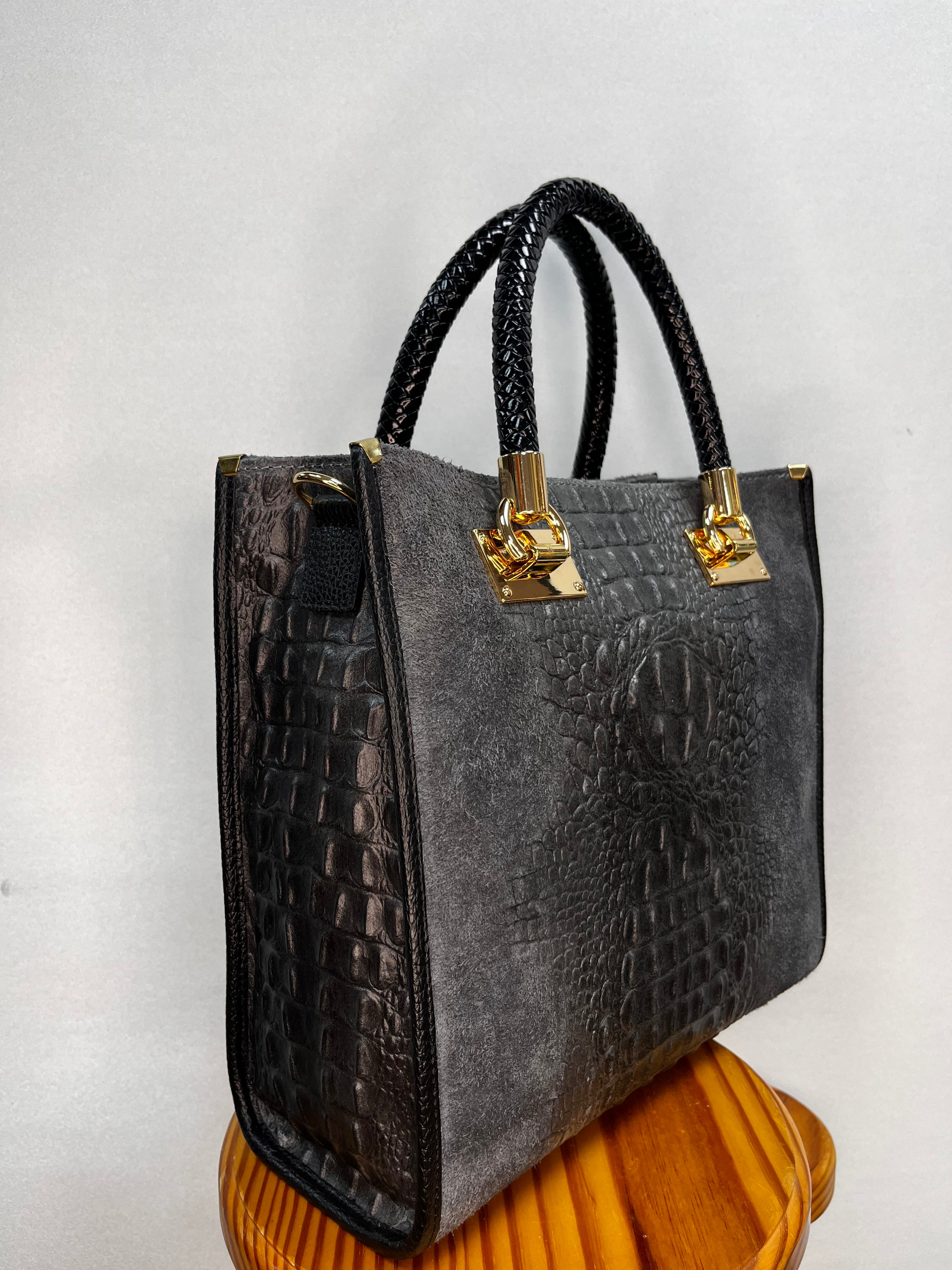 BOLSO ANTE Y COCODRILO GRANDE GRIS OSCURO