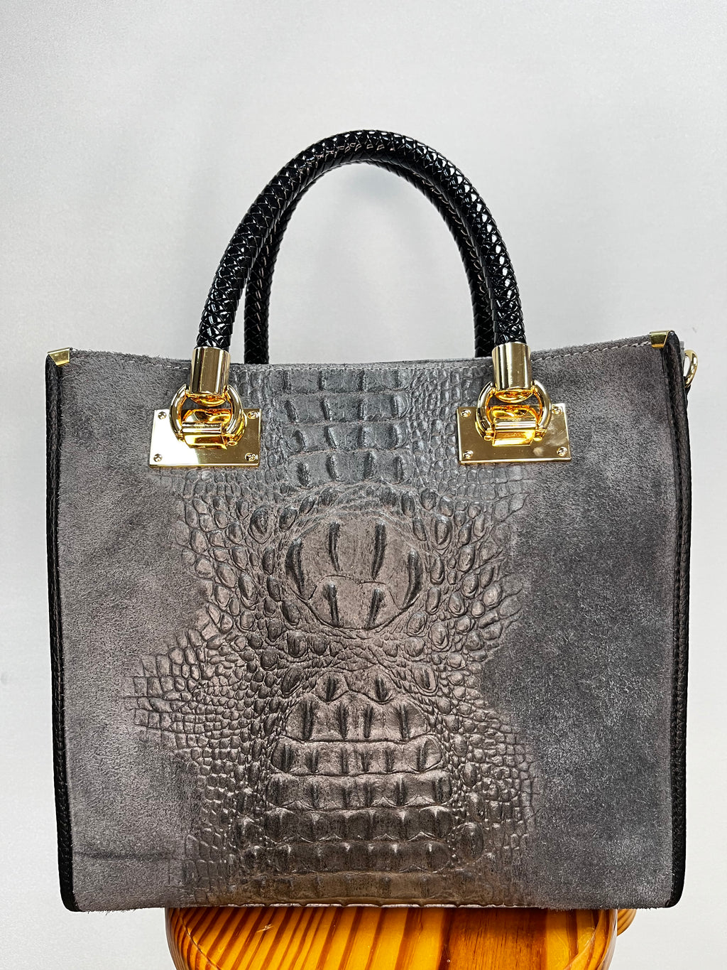 BOLSO ANTE Y COCODRILO GRANDE GRIS OSCURO