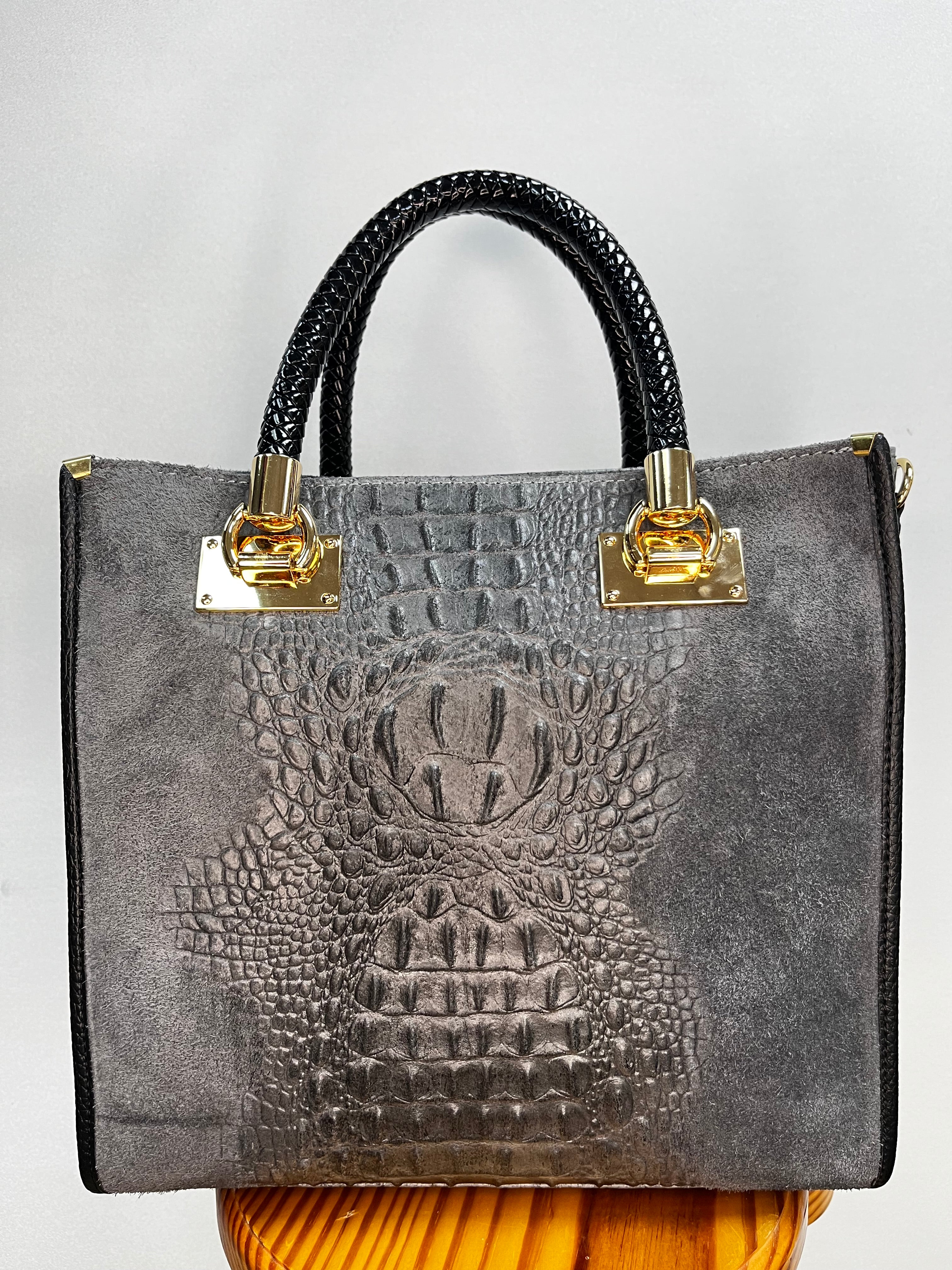 BOLSO ANTE Y COCODRILO GRANDE GRIS OSCURO