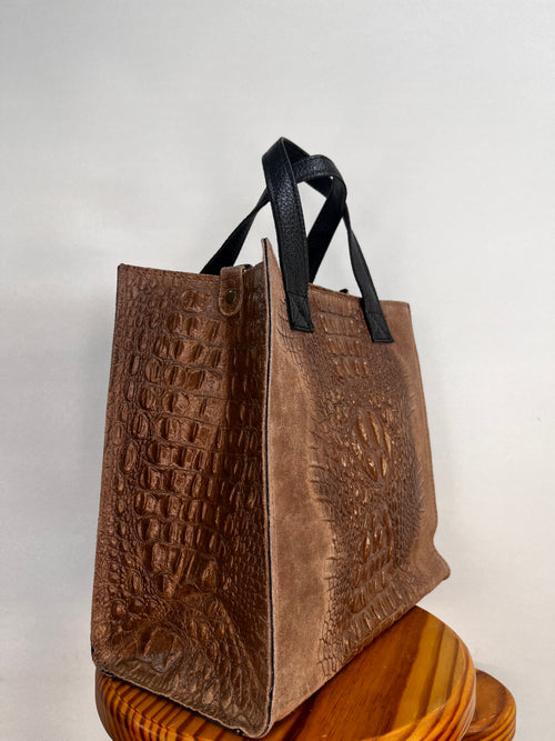 BOLSO ANTE Y COCODRILO MEDIANO MARRÓN OSCURO