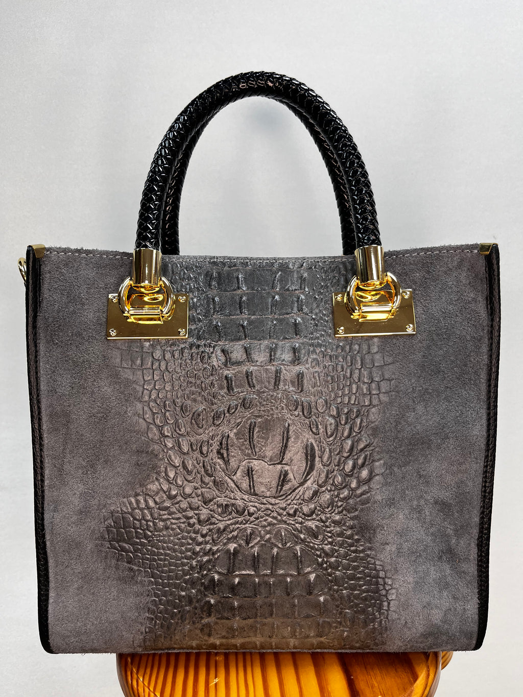BOLSO ANTE Y COCODRILO GRANDE GRIS OSCURO