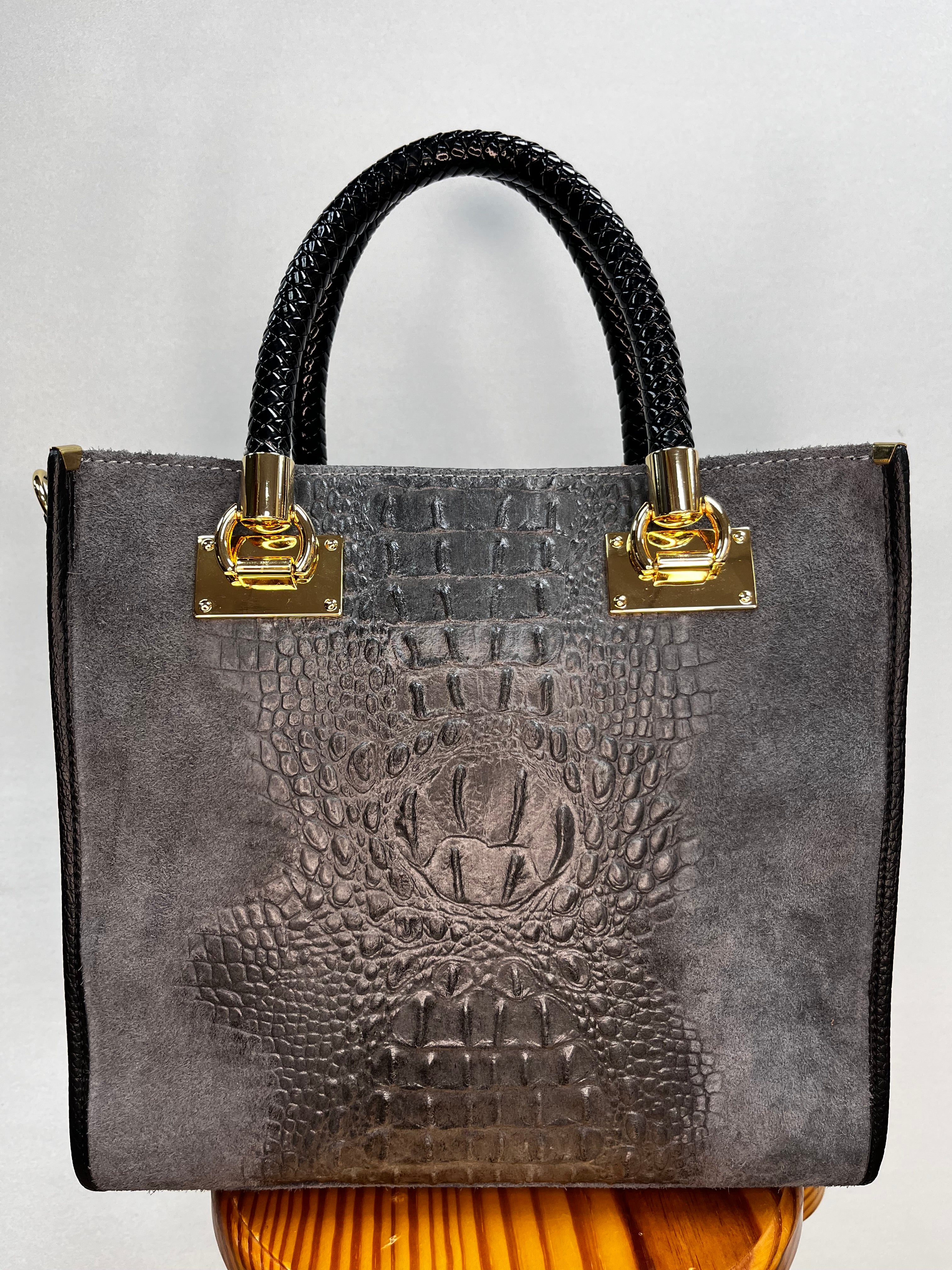 BOLSO ANTE Y COCODRILO GRANDE GRIS OSCURO