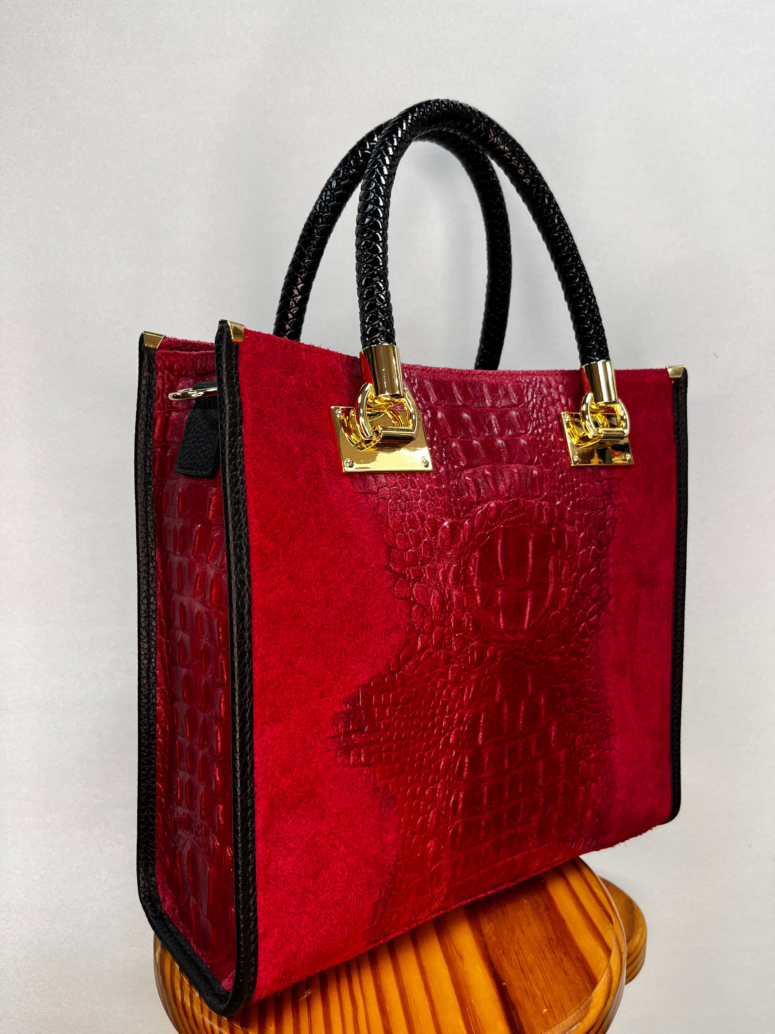 BOLSO ANTE Y COCODRILO GRANDE ROJO