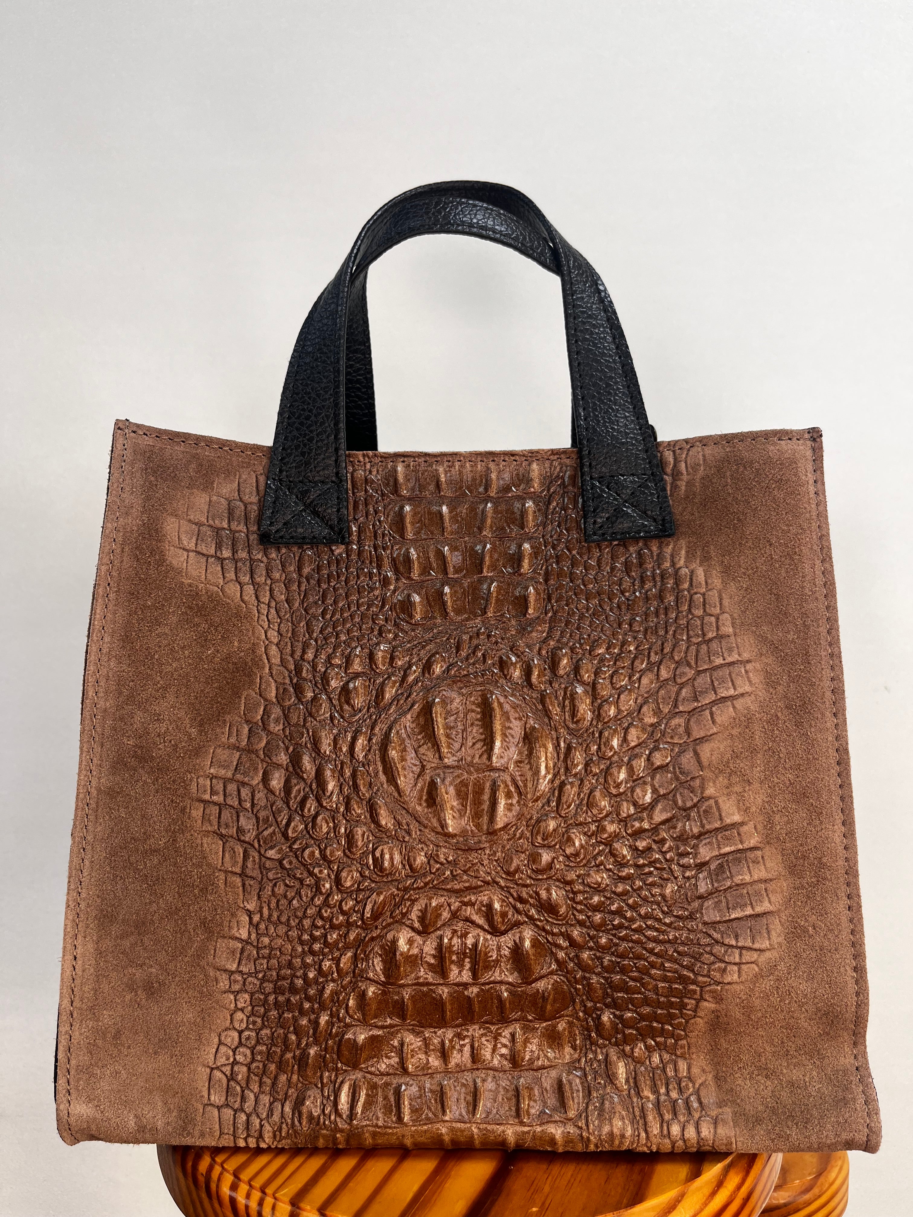 BOLSO ANTE Y COCODRILO MEDIANO MARRÓN OSCURO